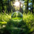 Field of Grass at Forest Edge in Glass Ball Resting on Close up of Grassy Ground