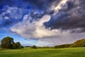 Field Of Grass And Rainbow And Blue Sky With Clouds Landscape