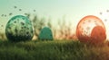 A field of grass with three different colored glass balls scattered throughout Royalty Free Stock Photo