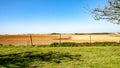 Field with green grass with farm land in the background Royalty Free Stock Photo