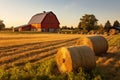 field with harvested crops and hay bales, in the background a barn and granary, daylight. Generative AI Royalty Free Stock Photo