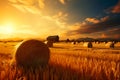 Field of hay with barn in the background at sunset. Generative AI Royalty Free Stock Photo