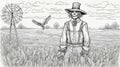 field with hay black and white, coloring book page, A scarecrow Royalty Free Stock Photo