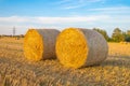 Field with haystacks after the harvest in the village at sunset time.Bereza,Brestskaya district.Belarus. Royalty Free Stock Photo