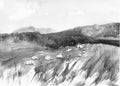 Field with haystacks. Nature background. Grey, black and white monochrome colors. Meadow Watercolor Painting. Peaceful Village.