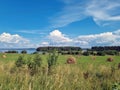 A field with haystacks and a river on  horizon Royalty Free Stock Photo