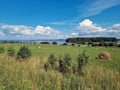 A field with haystacks and a river on  horizon Royalty Free Stock Photo