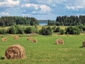 A field with haystacks and a river on  horizon Royalty Free Stock Photo