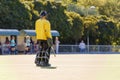 Field hockey female goalkeeper standing on field