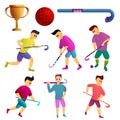 Field hockey icons set, cartoon style