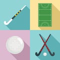 Field hockey icons set, flat style