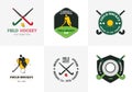 Field hockey logo set. Vector sport badges with man silhouette, stick and ball.