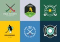 Field hockey logo set. Vector sport badges with man silhouette, stick and hockey ball