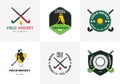 Field hockey logo set. Vector sport badges with woman silhouette, stick and hockey ball.