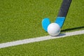 Field hockey stick and ball on green grass