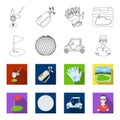 Field with a hole and a flag, a golf ball, a golfer, an electric golf cart.Golf club set collection icons in outline Royalty Free Stock Photo