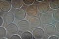 Field of Japanese coins at 1 yen. Dark background or wallpaper. News about the economy, finances and interest rate of the central Royalty Free Stock Photo