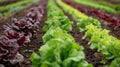 A field of lettuce growing in rows with green and red leaves, AI Royalty Free Stock Photo