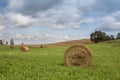 The field with many haystacks under gray and blue skies with beautiful clouds