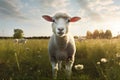 field meadow sheep green grass sun animal farm wool lamb. Generative AI. Royalty Free Stock Photo