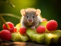 The field mouse gave up a piece of kiwi and eats the raspberry