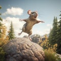 A field mouse jumping from a rock in the forest Royalty Free Stock Photo