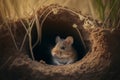 A field mouse sitting in the entrance to its burrow