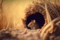 A field mouse sitting in the entrance to its burrow