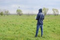 A man with a remote control in his hands. Flight control of the drone. Phantom