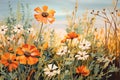 A field of orange and white flowers under a blue sky Royalty Free Stock Photo