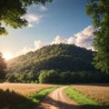 Field path with hilly landscape in back light in summer near St. Wendel in Saarland made with Generative AI