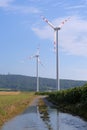 Field path leading to two wind mills in line