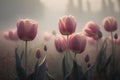 Field of pink blooming tulips. Pastoral landscape. Spring flowering. Generative AI Royalty Free Stock Photo