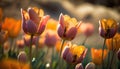 a field of pink and yellow tulips in the sun with a bee on the center of the flower and a blurry bac