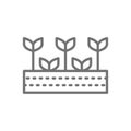 Field with plants, farmland, garden, agricultural landscape line icon.