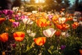 Field of poppies and daffodils in springtime Royalty Free Stock Photo