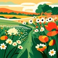 Field of poppies and daisies. Vector illustration. AI Generated Royalty Free Stock Photo