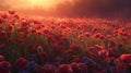 Field of poppies at sunrise. Beautiful spring landscape with flowers Royalty Free Stock Photo