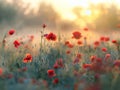 field of poppies at sunrise, beautiful summer landscape with red flowers in meadow Royalty Free Stock Photo