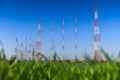 A field with radio and electricity antennas towers with blue sky and green grass landscape Royalty Free Stock Photo