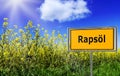 Field with yellow rapeseed plants in the sunshine with advertising sign for RapsÃÂ¶l