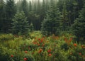 A field of red flowers in the middle of a forest Royalty Free Stock Photo