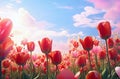 Field of red and pink tulips under blue sky Royalty Free Stock Photo