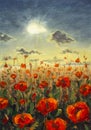 Field of red poppies flowers Impressionism modern oil painting - red flowers poppies Sun rays and clouds illustration.