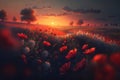 Field of red poppy wild flowers at sunset, illustration generated by AI Royalty Free Stock Photo