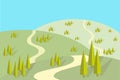 Field road on the hills, groups of trees with shadows, flat design