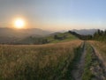 Field road on the mountain near the forest. Carpathian mountains in a summer evening, view into the distance. Mountain range at Royalty Free Stock Photo