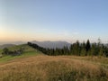 Field road on the mountain near the forest. Carpathian mountains in a summer evening, view into the distance. Mountain range at Royalty Free Stock Photo