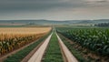 Field road between rows of corn and soybean with distant hills under overcast light Royalty Free Stock Photo