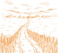Field road. Rural landscape. Hand drawn sketch. Wheat field track. Countryside village. Cereal harvest. Contour vector